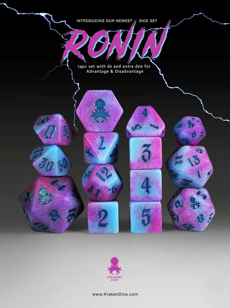 Ronin 14pc Blue and Purple Matte dice set for TTRPGs